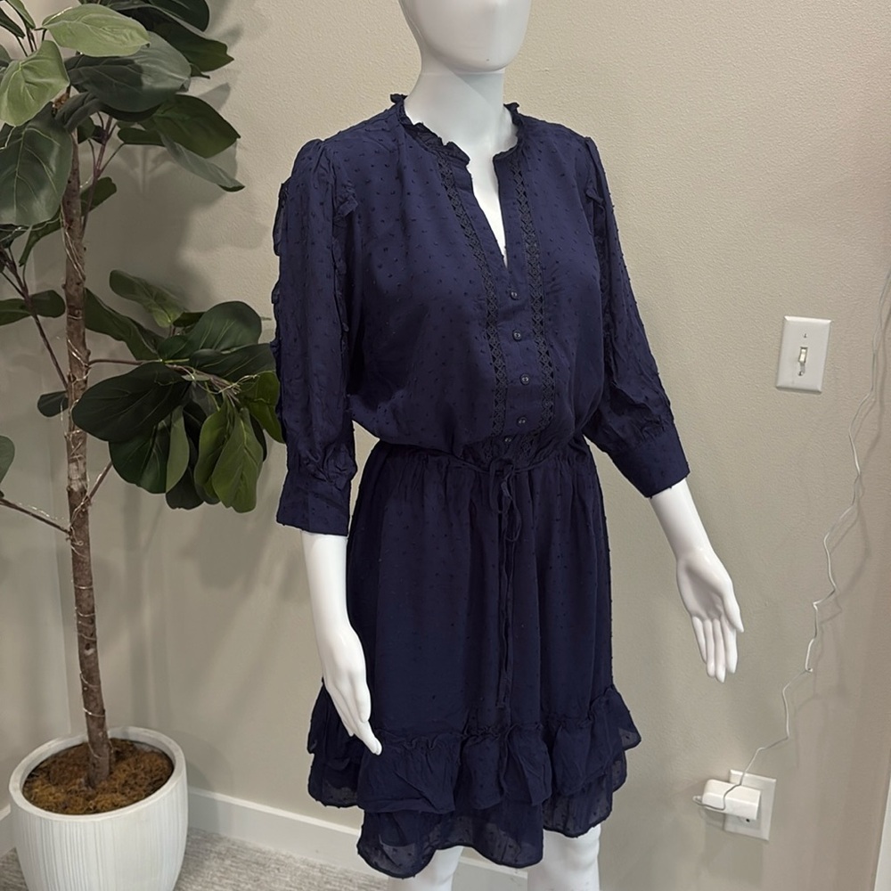 NWT ASOS Swiss Dot Ruffle Skater Dress Size 12 Oasis Navy Tie Waist Button Front - Picture 7 of 13